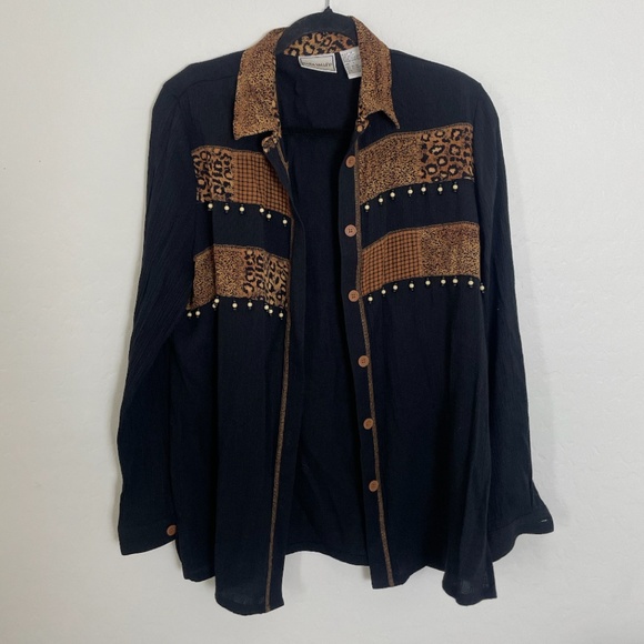 Leopard Beaded Tassel Animal Print Paid Button Down Elegant Classy Chic Blouse - Picture 6 of 6